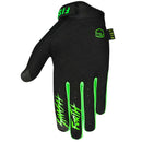 The FIST FLURO GREEN STOCKER GLOVE is a black motocross glove with neon green accents, a fist logo on the back, and "FIST" printed on the fingers.