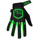 The FIST FLURO GREEN STOCKER GLOVE is a black motocross glove with neon green accents, a fist logo on the back, and "FIST" printed on the fingers.