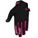 The FIST FLURO PINK STOCKER GLOVE is a black motocross glove with pink accents, "FIST" lettering on the fingers, a fist logo on the back, and a small "FIST" wrist tag.