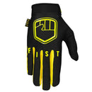 The FIST FLURO YELLOW STOCKER GLOVE is a black motocross glove with yellow trim, a bold yellow fist logo on the back, and "FIST" printed in yellow on the fingers.