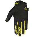 The FIST FLURO YELLOW STOCKER GLOVE is a black motocross glove with yellow trim, a bold yellow fist logo on the back, and "FIST" printed in yellow on the fingers.