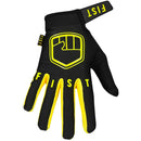 The FIST FLURO YELLOW STOCKER GLOVE is a black motocross glove with yellow trim, a bold yellow fist logo on the back, and "FIST" printed in yellow on the fingers.