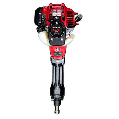 A red and black Powertech Post Driver 120 Construction from Power Tech Machinery features a long, narrow nozzle attachment, making it ideal for post driver applications. This 4-stroke engine comes with a pull-start mechanism, and the branding is prominently visible on the casing.