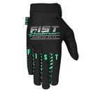The FIST FREESTYLE GLOVE by FIST is a sleek black MTB glove with green accents, "FIST" on the wrist and fingers, plus "FIST Handwear Superior Grips" in white and green. This fitted motocross glove delivers standout style and performance.