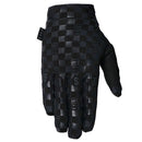 The FIST BLACKOUT CHEQUER FROSTY GLOVE is a black motocross glove featuring a textured checkerboard pattern and "FIST" embossed on the fingers, displayed on a white background.