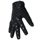 The FIST BLACKOUT CHEQUER FROSTY GLOVE is a black motocross glove featuring a textured checkerboard pattern and "FIST" embossed on the fingers, displayed on a white background.