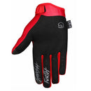 The FIST RED STOCKER GLOVE is a red BMX glove with black thumb accents, a velcro wrist strap, a fist logo on the back, and "FIST" printed across the fingers.