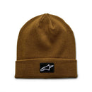The Alpinestars File Cuff Beanie in Root Beer from ALPINESTARS showcases a brown knit jersey design with a folded cuff and an embroidered black logo patch featuring a white star on the front.