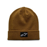 The Alpinestars File Cuff Beanie in Root Beer from ALPINESTARS showcases a brown knit jersey design with a folded cuff and an embroidered black logo patch featuring a white star on the front.