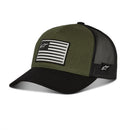 The Alpinestars Flag Snapback Hat by ALPINESTARS is a green and black stretch twill trucker cap with a curved bill and mesh back. It features a black-and-white stylized flag printed patch on the front and a small logo on the brim's side.