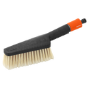 The Gardena Car Wash Brush, Large, features light PVC bristles, a black handle, and an orange connector for easy hose attachment and adjustable water flow during cleaning.
