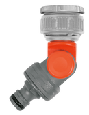 The Gardena Angled Tap Connector 33,3mm (G1") / 26,5mm (G3/4") is a gray and orange plastic connector with an adjustable swivel joint for easy hose connection to water outlets or hose trolleys.