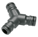 The Gardena 3-Way Union is a black plastic Y-shaped hose connector with ridged ends, ideal for joining garden hoses in the Maxi-Flo™ System. "Gardena" is embossed on the connector.