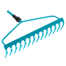 A blue Gardena Bow Rake head with 14 curved metal tines and a handle connector, ideal as a versatile garden tool, displayed on a white background.