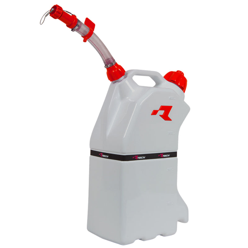 The RTECH 15 Litre red fuel can is equipped with a white spout and cap, large handle, and a flexible pouring tube. This rectangular gas can includes embossed measurement markings and showcases a stylish branded design near the top.