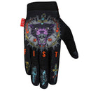 The GREG LUTZKA - PANTHER GLOVE by FIST features black motocross styling with a vibrant purple panther head, knives, lightning bolt, spark plug, and bold orange "FIST" lettering—ideal for MTB glove fans who love standout design.