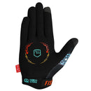 The GREG LUTZKA - PANTHER GLOVE by FIST features black motocross styling with a vibrant purple panther head, knives, lightning bolt, spark plug, and bold orange "FIST" lettering—ideal for MTB glove fans who love standout design.