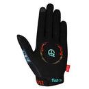 The GREG LUTZKA - PANTHER GLOVE by FIST features black motocross styling with a vibrant purple panther head, knives, lightning bolt, spark plug, and bold orange "FIST" lettering—ideal for MTB glove fans who love standout design.