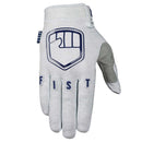 The FIST GREY TRACKIE GLOVE features a gray design with a blue fist outline on the back, "FIST" lettering on the fingers, a side logo tag, and a reinforced fabric patch on the thumb for added durability.