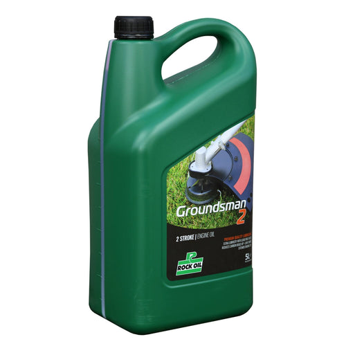 A 5-liter green plastic container branded as "ROCK OIL GROUNDSMAN 2 STROKE SEMI SYNTHETIC," prominently features Rock Oil's semi-synthetic, low ash 2-stroke engine oil. The label displays an image of a trimmer on grass, assuring smooth and efficient operation for your equipment.