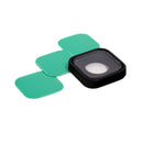 A box labeled "ARMOR VISION SMARTFILM FOR GO PRO 27MM (PACK OF 3)" by Armor Vision sits next to three green rectangular lens protectors, featuring 6-layer tech, hydrophobic coating, and an easy tear-off replacement system.
