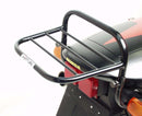 Image shows a Ventura EVO-12 Bike-Pack Kit for Honda VTR 1000 SP-1 (2000), featuring a black bike-pack with an orange stripe, Adjustable Pack-Rack, L-bracket set with screws, and clear labels for easy identification.