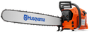 A Husqvarna 3120 XP-2838® Chainsaw featuring a powerful long metallic cutting blade with a chain, an orange body, and a black handle. The brand name "Husqvarna" is prominently displayed on the blade, embodying the power and reliability needed for maintaining lawns and other outdoor tasks.