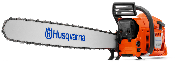 A Husqvarna 3120 XP-2838® Chainsaw featuring a powerful long metallic cutting blade with a chain, an orange body, and a black handle. The brand name "Husqvarna" is prominently displayed on the blade, embodying the power and reliability needed for maintaining lawns and other outdoor tasks.