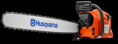 Image of a Husqvarna 3120 XP-42® Chainsaw with an orange body and a long silver blade, perfect for tackling outdoor tasks. The word "Husqvarna" and the Husqvarna logo are prominently displayed on the blade. The chainsaw has a black handguard, an ergonomic handle, and embodies power for any lawn or garden project.