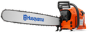 The Husqvarna 3120 XP® chainsaw has an orange body, a long silver blade, the blue Husqvarna logo, and features a Smart Start system for easy use.
