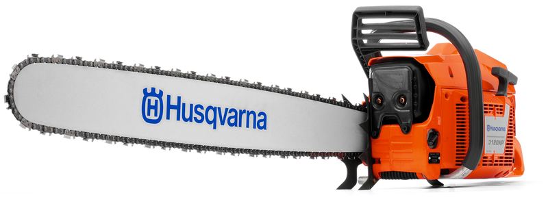 The Husqvarna 3120 XP® chainsaw has an orange body, a long silver blade, the blue Husqvarna logo, and features a Smart Start system for easy use.