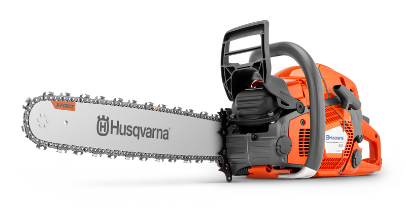 A Husqvarna 565 AutoTuneâ„¢ petrol chainsaw with an ergonomic orange and black design, silver blade, and prominent Husqvarna logo is shown on a white background.
