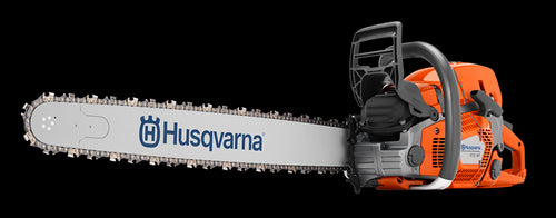 A Husqvarna 572 XP-18® Chainsaw with an orange body and a long silver blade, perfect for forestry work. The Husqvarna logo is displayed on the blade, and the engine and handle are clearly visible. The rugged chainsaw is set against a white background, ready for any outdoor challenge.