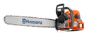 A Husqvarna 572 XP-18® Chainsaw with an orange body and a long silver blade, perfect for forestry work. The Husqvarna logo is displayed on the blade, and the engine and handle are clearly visible. The rugged chainsaw is set against a white background, ready for any outdoor challenge.