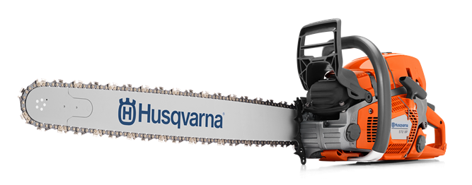 A Husqvarna 572 XP-28® Chainsaw with an orange and black body and a silver blade. The brand name, "Husqvarna," is printed in blue on the blade. This powerful engine tool features a large front handle and a rear handle for control, offering impressive cutting capacity.