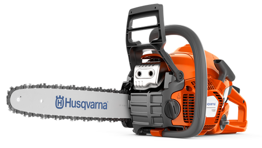 The Husqvarna 130 Chainsaw features a distinctive orange and gray design, complete with a prominent blade and handle, making it perfect for firewood pruning. The brand name "Husqvarna" is clearly visible on the blade.