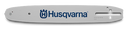 The Husqvarna Guide Bar 10" 3/8" LP .050" 40DL Small Bar Mount (A095) is a silver chainsaw bar with blue "Husqvarna" text and logo printed on it. This laminated bar features a sprocket nose and has slots and holes at one end for attachment to the chainsaw.