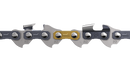 Close-up of a Husqvarna Saw Chain Loop 3/8" LP .050" Semi Chisel - X-CUT S93G 52DL, showing alternating metallic teeth and connecting links. One link is highlighted in gold, differentiating it from the surrounding silver-colored links. The background is plain and black, making the chain the focal point, ideal for arborists seeking high cutting efficiency.