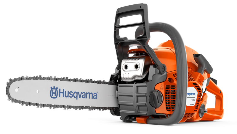 The Husqvarna 135 Mark II chainsaw, featuring an orange and gray body, silver guide bar, visible branding, and anti-vibration dampeners, is displayed on a white background.
