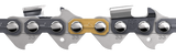 Close-up of a Husqvarna Saw Chain Loop .325" .050" Pixel - Semi Chisel - X-CUT® 56DL / 13", showcasing multiple links and teeth. The chain features various metal components, with one link highlighted in gold among the silver and dark-colored parts. Bolts and sharp cutting edges are visible on the chain links.