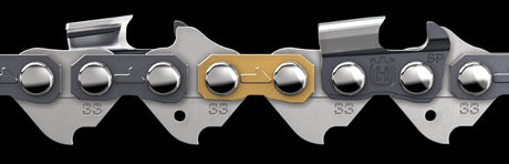 Close-up of the Husqvarna Saw Chain Loop .325" .050" Pixel - Semi Chisel - X-CUT® 64DL / 15", showing the sharp cutting teeth and connecting links. The chain features metal components in silver, gray, and a distinctive gold-colored link in the center, emphasizing its high cutting efficiency.