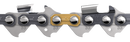 Close-up of the Husqvarna Saw Chain Loop .325" .050" Pixel - Semi Chisel - X-CUT® 64DL / 15", showing the sharp cutting teeth and connecting links. The chain features metal components in silver, gray, and a distinctive gold-colored link in the center, emphasizing its high cutting efficiency.