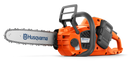 A Husqvarna 340i orange and gray battery-powered chainsaw, shown isolated on a white background with a visible blade and "Husqvarna" on the bar. (Battery and charger not included.).