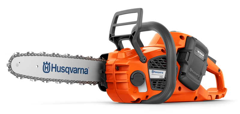 A Husqvarna 340i orange and gray battery-powered chainsaw, shown isolated on a white background with a visible blade and "Husqvarna" on the bar. (Battery and charger not included.).