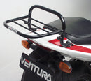 The image showcases the Ventura EVO-12 Bike-Pack Kit, featuring a black pack with orange accents. Featured items include the metal Evo-Rack secured to a Honda CB 1300 S (05-09) and L-Bracket set with screws, all complementing the versatile Top-Box Rack, labeled as a generic image.