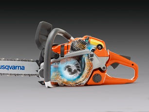 A Husqvarna 572 XP-28® Chainsaw with an orange and black body and a silver blade. The brand name, "Husqvarna," is printed in blue on the blade. This powerful engine tool features a large front handle and a rear handle for control, offering impressive cutting capacity.