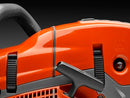 A Husqvarna 572 XP-18® Chainsaw with an orange body and a long silver blade, perfect for forestry work. The Husqvarna logo is displayed on the blade, and the engine and handle are clearly visible. The rugged chainsaw is set against a white background, ready for any outdoor challenge.