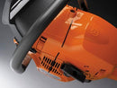 The image shows an orange and black Husqvarna 3120 XP-28® Chainsaw, perfect for forestry work, with a long blade that has the Husqvarna logo printed on it in blue. This robust tool features a handlebar and trigger mechanism on the right side, making it ideal for tackling your toughest outdoor tasks.