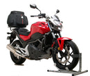 Image showing the Ventura EVO-12 Bike-Pack Kit for Honda NC 700S (12-15), featuring an EVO-12 Pack (compact black bag), an Adjustable Pack-Rack mounted on the bike, and a generic L-Bracket with screws and parts.