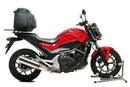 Image showing the Ventura EVO-12 Bike-Pack Kit for Honda NC 700S (12-15), featuring an EVO-12 Pack (compact black bag), an Adjustable Pack-Rack mounted on the bike, and a generic L-Bracket with screws and parts.
